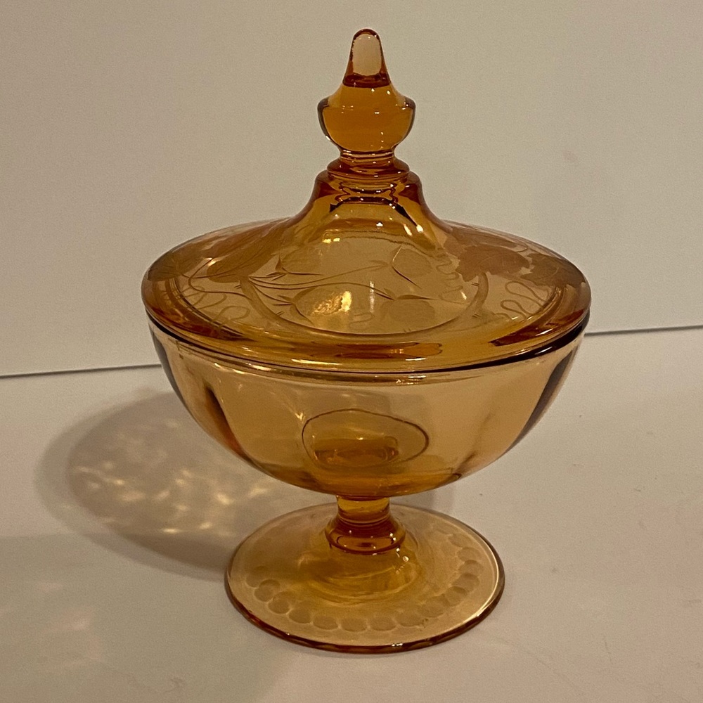Vintage etched glass candy dish or trinket container
